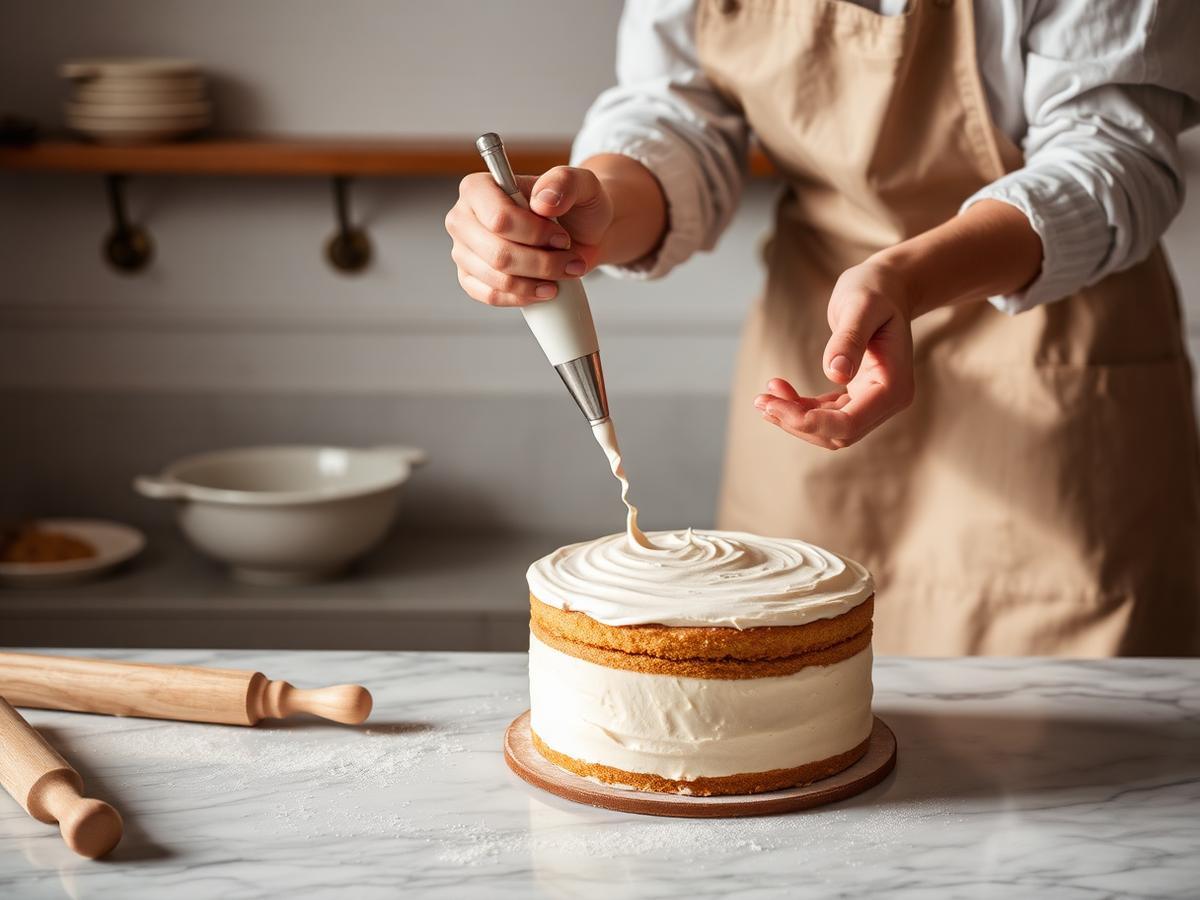 Baker piping buttercream onto a cake in the bakery kitchen