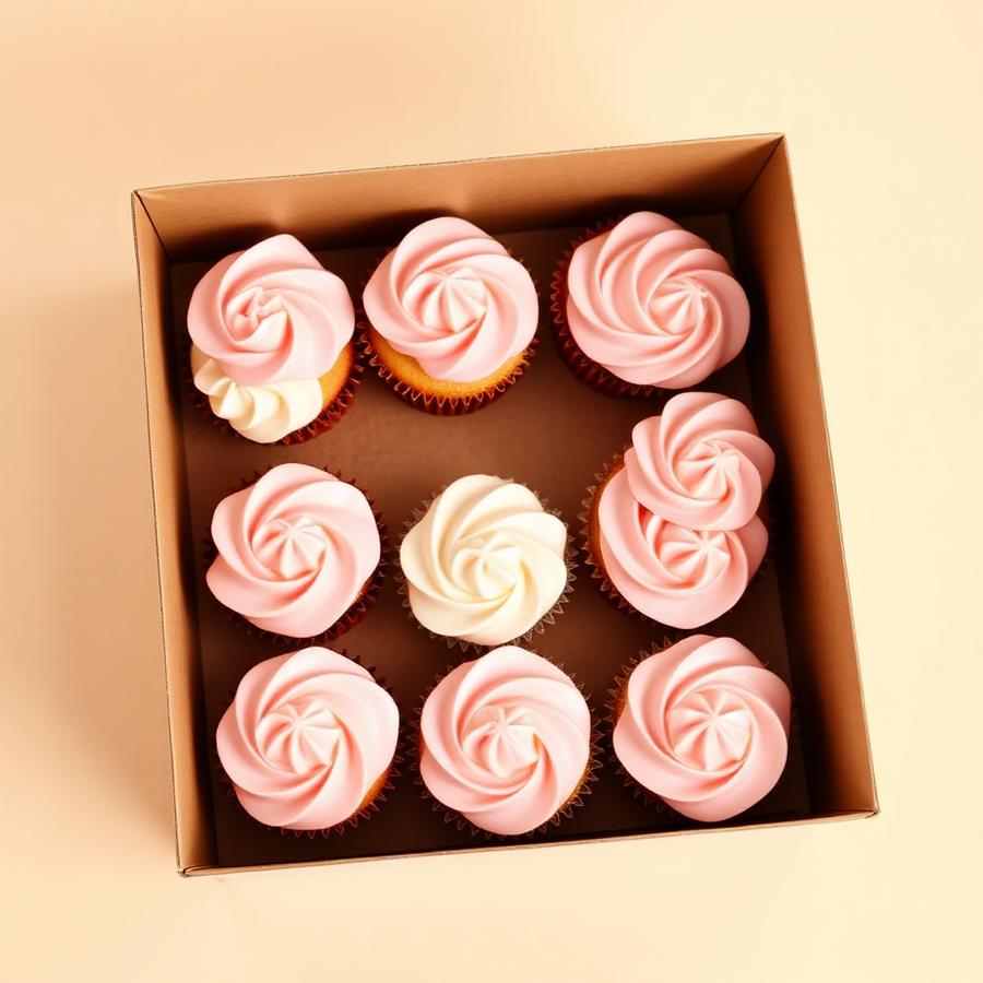 Boxed cupcakes with blush buttercream swirls