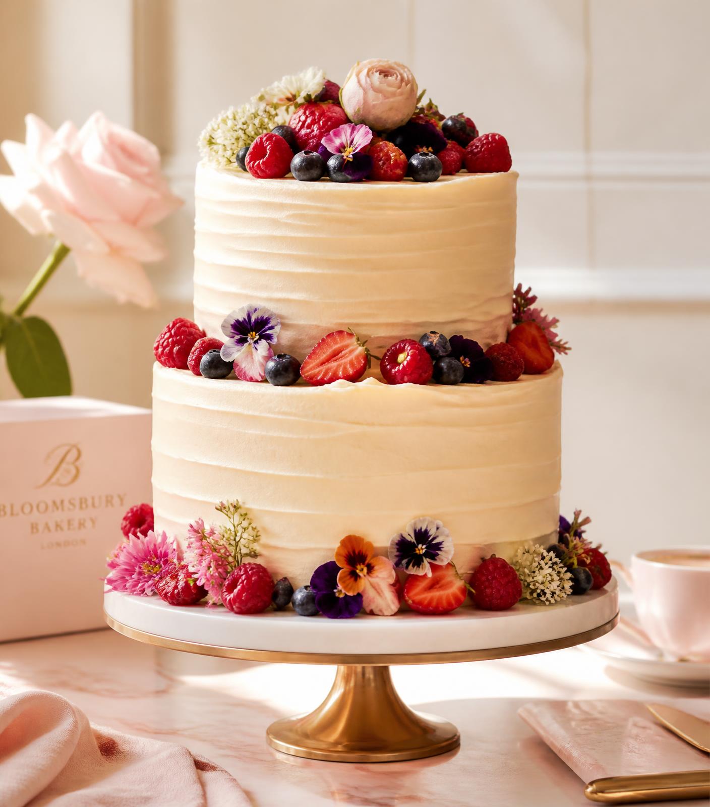 Two-tier buttercream celebration cake topped with berries and edible flowers